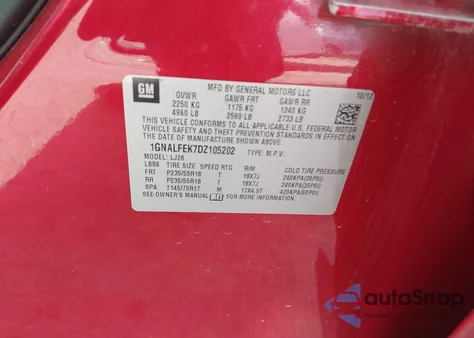 2013 Chevrolet Equinox Ltz из США, поврежденный, VIN 1GNALFEK7DZ105202